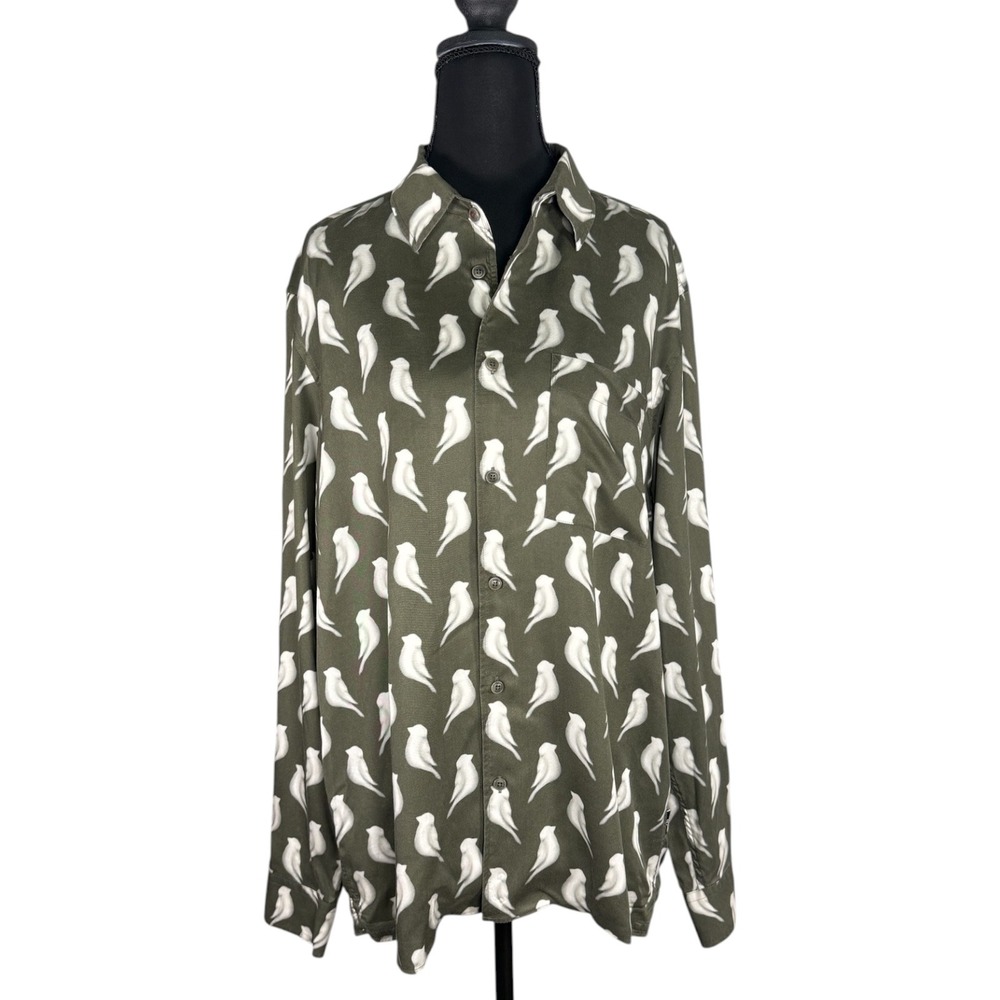 Ted Baker London Chartz Bird Print Button Down Shirt Olive Green White Size 4